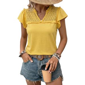 Dokotoo Womens Blouse Ruffle V Neck Short Pleated Sleeve Flowy Shirts Dressy Casual Cute Summer Tops Tunic Fashion Clothes Lace Patchwork Business Work Shirts Yellow Small