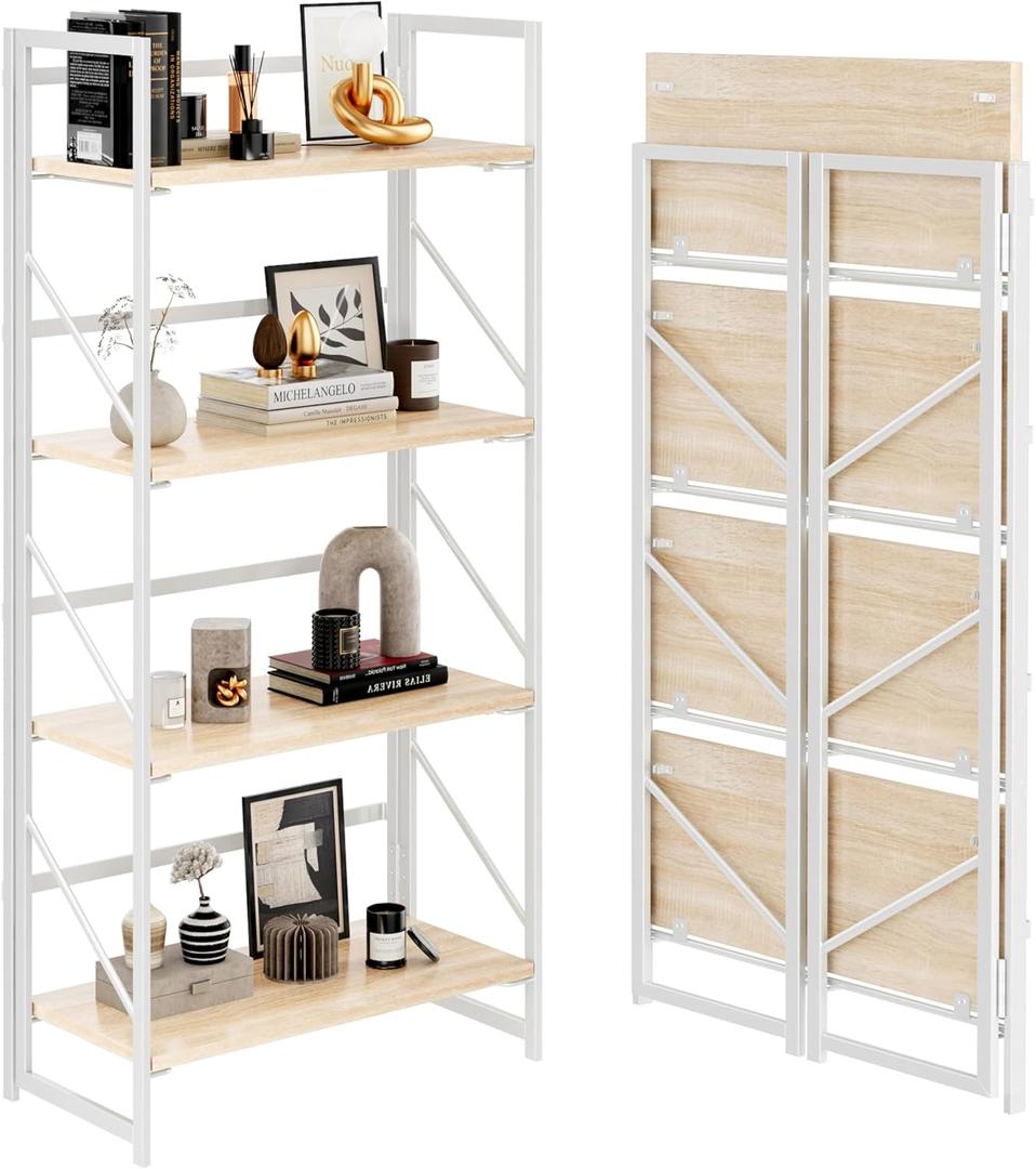 JSB No Assembly Folding Bookshelf, 4 Tier Industrial Metal Book Shelf for Storage, Vintage Wood Foldable Bookcase for Living Room, Bedroom, Office Organization Shelves, Flat Tube 4-Tier