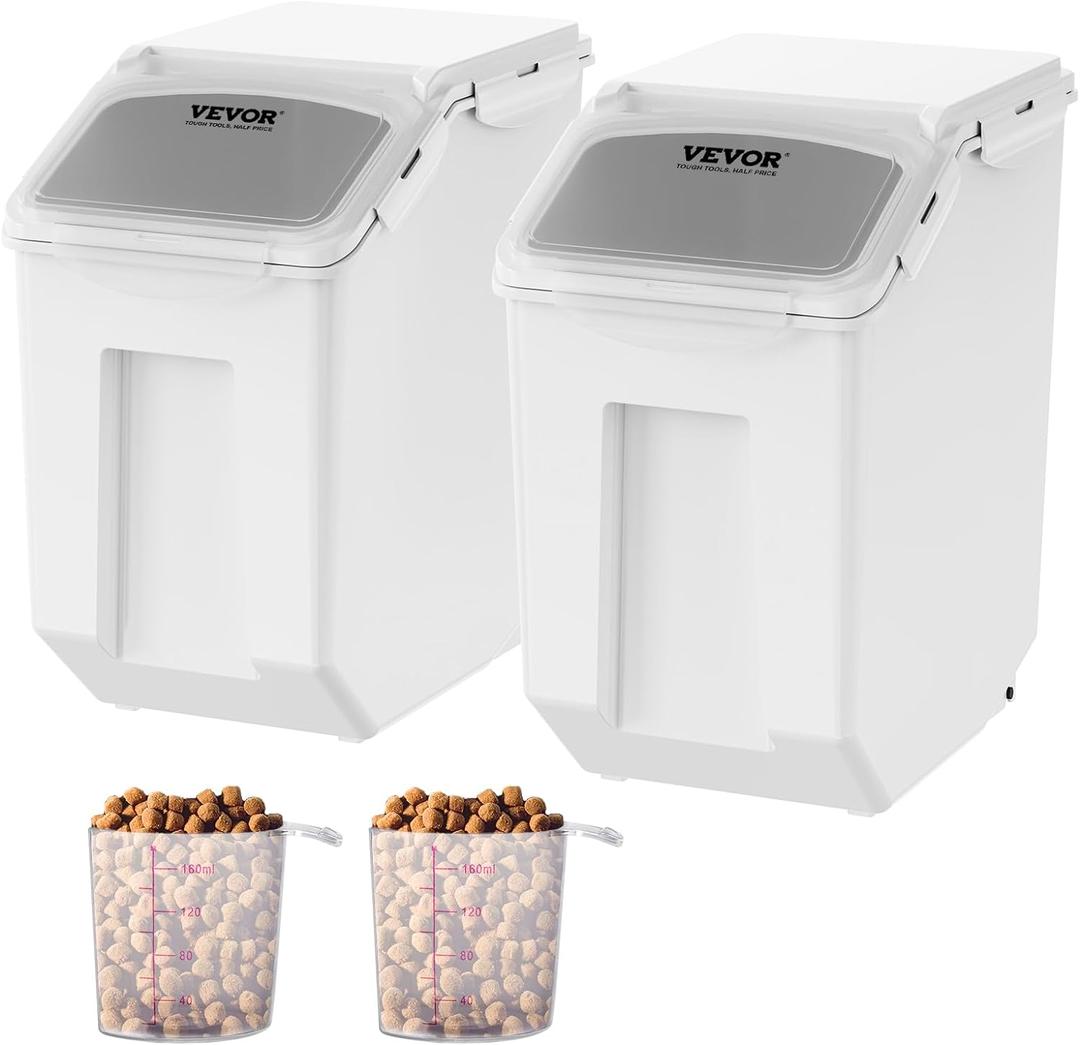 VEVOR Ingredient Storage Bin, 2 x 15L Dispenser Bin with 2 Measuring Cups, Attachable Casters and Airtight Lid, 2 Pcs/Set Dog Pet Food Storage Container, PP Material Kitchen Rice Cereal Flour Bin