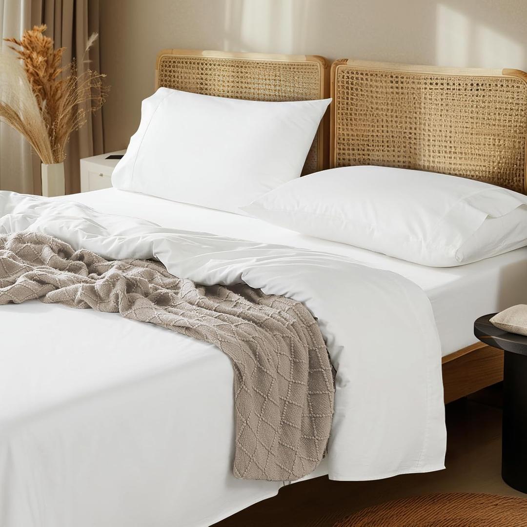 LBRO2M 1000 Thread Count 100% Cotton Sheets Set,California King Size Bed Sheet 4 Piece Sets,Long Staple,16 Inches Deep Pocket,All Season,Bedding Super Soft Comforterble Breathable,Sateen(White)