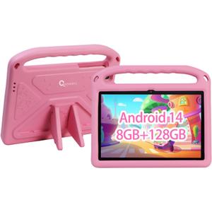 CWOWDEFU Kids Tablet, Android 14 Tablet for Kids 10 inch, with Family Link Parental Control,8GB+128GB Up to 1TB,WiFi 6,GMS,Learning Tablets for Toddlers, Shockproof EVA Case (Pink)