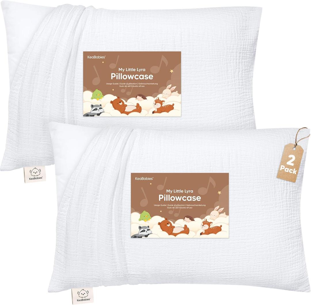 KeaBabies Muslin Toddler Pillowcase 13x18 Only – 2Pack Organic Cotton Muslin Pillow Case for Kids, Girls, Boys, Small Travel Size Cover, Soft & Breathable Toddler Pillow Sold Separately (Soft White)