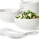 Artena Soup & Cereal Bowls With Spoons, 26 OZ Embossed Ceramic Ramen Bowl Set, 6 Inch White For Salad, Pho, Breakfast, Set Of 4, Dishwasher & Microwave Safe (Seawave)