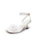 DREAM PAIRS Women's Flower Wedding Heels Cute Square Toe Slingback Low Kitten Heels Sandals with Ankle Strap,Size 9.5,White-Satin,SDHS2436W