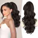 ALXNAN Ponytail Extension,18 Inch Claw Clip in Long Curly Wavy Black Brown Ponytail Hair Extension Jaw Clip on Pony Tails Hairpiece for Women