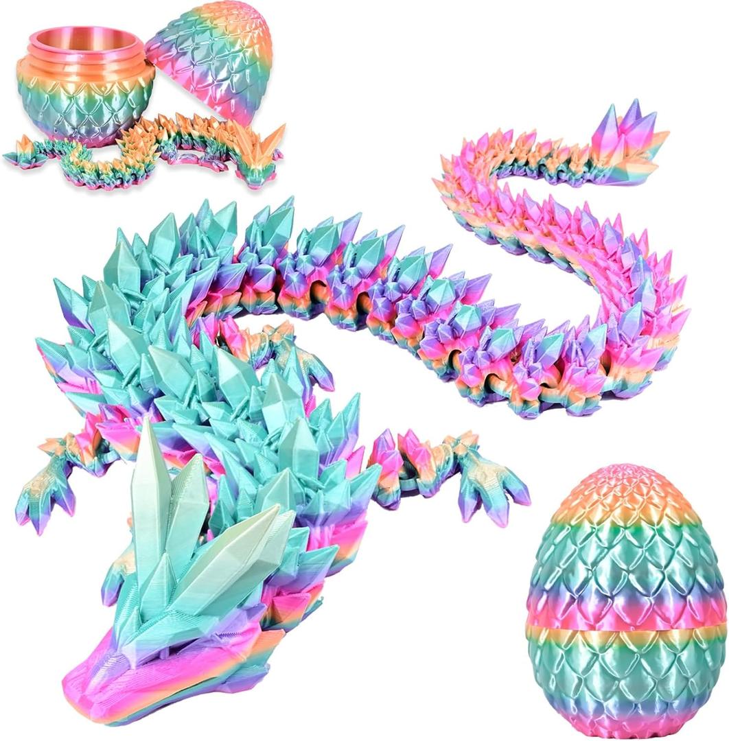3D Printed Dragon Eggs with Dragon Inside, Rainbow Articulated 3D Dragon Toys with 3D Dragon Eggs, Crystal Dragon, Rainbow (12inch, Rainbow Color Change)
