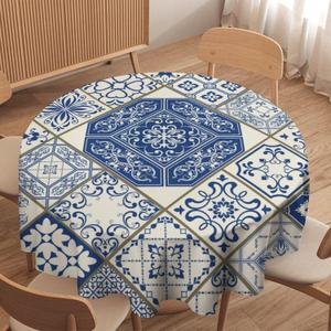 Blue White Patchwork Round Tablecloth, Vintage Spanish Style Tile Waterproof Wipeable Table Cover for Picnic Holiday Party Kitchen Dining 36"
