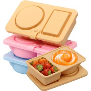 3 Pack Silicone Reusable Snack Containers with Lids, Double Compartment Snackle Box Containers, Salad Dressing Sauce Seasoning Container, Small Mini Food Snack Boxs for Travel, Office, Picnic,School