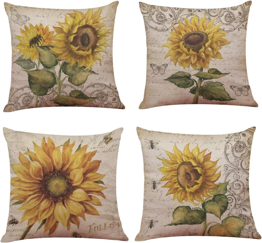 Ogrmar 4PCS 18"x18" Throw Pillow Covers Christmas Decorative Couch Pillow Cases Cotton Linen Square Cushion Cover for Sofa, Couch, Bed and Car (Sunflower)