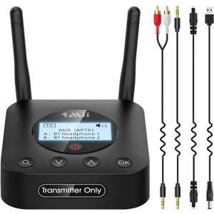 1Mii B06TX+ Long Range Bluetooth 5.2 Transmitter for TV/PC/Projector to 2 Wireless Headphones/Speakers, Bluetooth Adapter for TV w/Screen Display Plug n Play, aptX Low Latency & HD Audio (black)