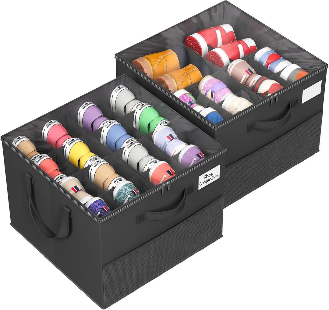 2 Pack Shoe Organizer for Closet, Large Shoe Box Storage Containers, Foldable Shoe Storage Organizer Box Bin with Adjustable Dividers and Clear Cover, Space Saving Shoes Holder, Black