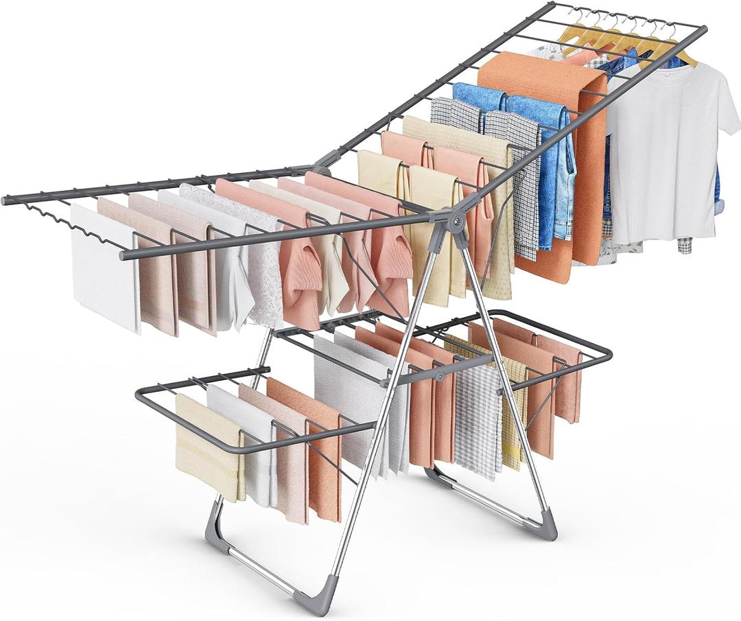 Sakugi Clothes Drying Rack, Foldable 2-Level Laundry Drying Rack with Height-Adjustable Wings, for Clothing & Bedding, Free-Standing Space-Saving Rack, Indoor & Outdoor, 70" L × 22.8" W, Gray