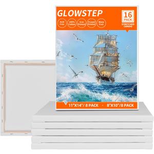 Stretched Canvas for Painting, 16 Pack Painting Canvas for Adults & Kids (8 of 8"x10" and 8 of 11"x14"), 4-Layer 8oz Primed 100% Cotton Canvas, Acid-Free, Warp-Free, for Acrylic and Oil Painting