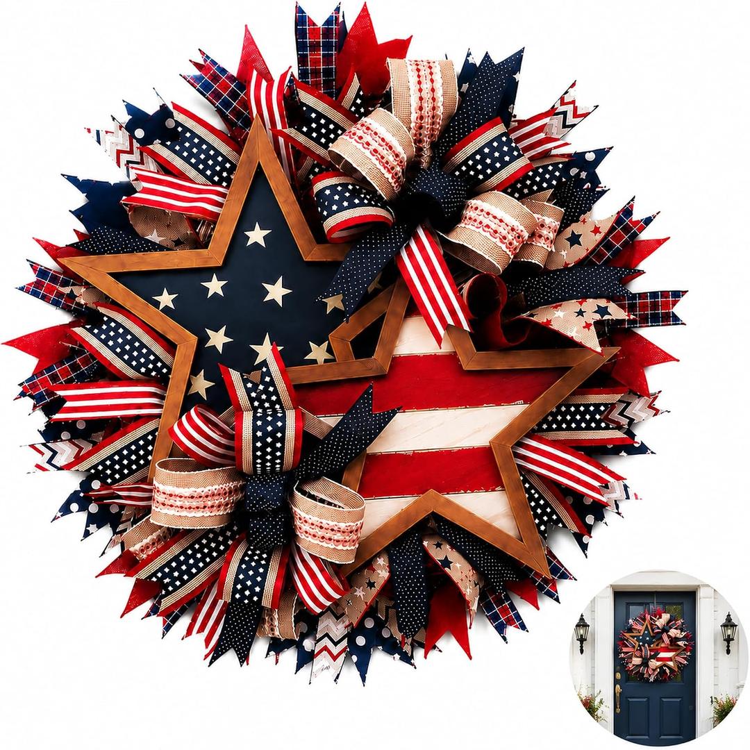 4th of July Front Door Wreath, USA 250th Anniversary Flag Wreath, 40cm (15.75in) Large Patriotic Door Hanging Decor for Independence Day & Patriotic Holiday Home Decoration