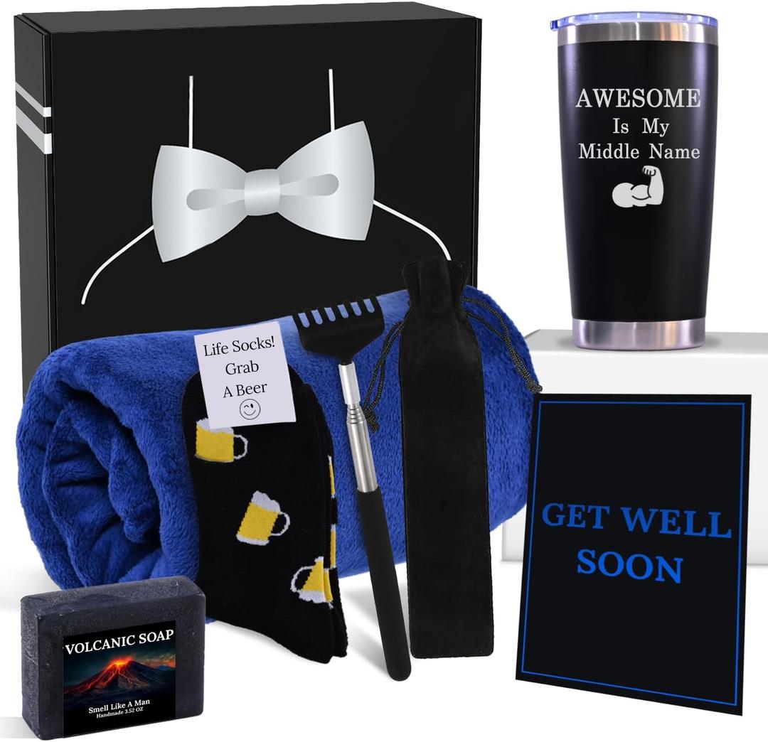 GOLDMUS Get Well Soon Gift Basket Men  Get Well Gifts for Men After Surgery, Recovery Care Package for Him, Thoughtful Feel Better Box with Comfort and Encouragement Set for Hospital or Illness