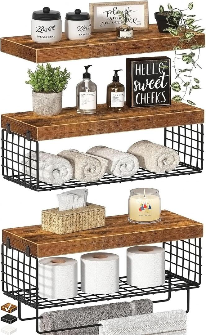 KLUVIS Bathroom Floating Shelves for Wall  Shelf Over Toilet Storage Small Farmhouse Decor Shelves (15.7 inch, Set of 3, Rustic Brown)