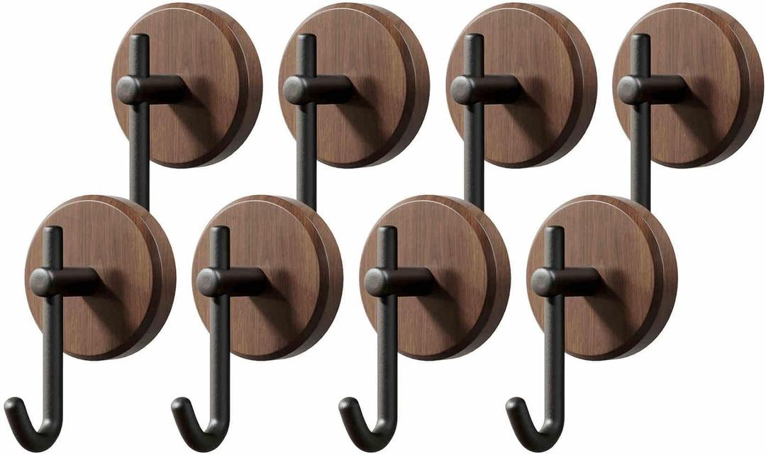 Adhesive Wooden Wall Hooks,8-Pack Farmhouse Decorative Natural Dark Walnut Wall Mounted Hooks for Towel,Keys,Hats,Coats,Robe, Bags& More - Durable & Stylish Home Decor for Entryway, Bathroom, Bedroom