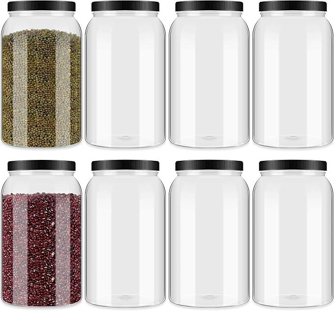 Dandat 8 Pcs 1 Gallon Clear Plastic Jars Airtight Pantry Large Mouth Jars Plastic Jug Cylinder Containers with Lids for Candy Butter Honey Sugar Cookies Arts Crafts Bartender Kitchen (Black Lids)
