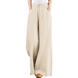 Cotton Line Pants for Women Loose Fit 2025 Pocket Summer Drawing Plus Size Wide Leg High Waist Straight Trousers Pants S