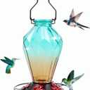Glass Hummingbird Feeder for Outdoors Hanging, 25Oz Humming Bird Nectar Feeder, Perch, 5 Flower Feeding Ports, Leak Proof Base, Hook for Outside Garden Backyard, Gift for Women, Diamond Green