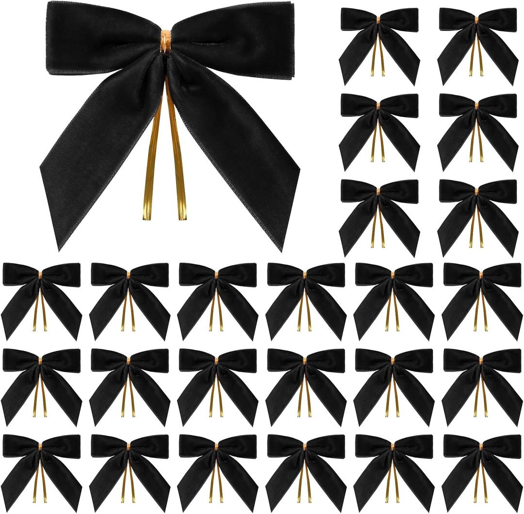 24 Pcs Black Small Velvet Christmas Bows for Christmas Tree, Wreath, Gift Wrapping, Crafts, Wedding, Party, Twist Tie Bows for Treat Bag Bakery Candy Bags, Home Decor 1" W,3.5 x 3.5 inch