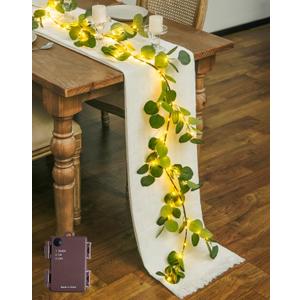 JMEXSUSS Artificial Eucalyptus Garland with Lights, 6FT Lighted Spring Garland Battery Operated with Timer for Mantel Fireplace Wedding Spring Valentine Decoration