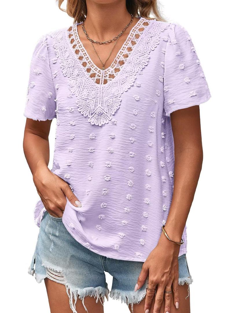 Falechay Summer Tops Chiffon Flowy Swiss Dots Blouses for Women Cute Boho Pullover Peasant V Neck Short Flutter Sleeve Light Purple Work Dressy Casual Spring Loose Business Plus Size 2Xl (Purple, XXL)