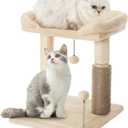 Made4Pets Small Cat Tree Tower, Cat Scratching Post 4-in-1 with Cat Self Groomer Brush, 20" Tall Natural Sisal Cat Scratcher, Soft Plush Cat Perch Bed with Dangling Ball for Indoor Kittens, Beige