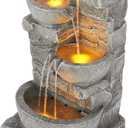 Teamson Home 33.25 in. Cascading Bowls and Stacked Stones LED Outdoor Water Fountain for Gardens, Landscaping, Patios, Balconies, and Lawns for a Calming Oasis in Outdoor Living Spaces, Stone Gray