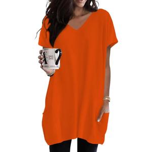 Poetsky Summer Womens Tunic Tops for Leggings with Pockets Vneck Short Sleeve Casual Long T Shirts S-3XL (Orange, L)