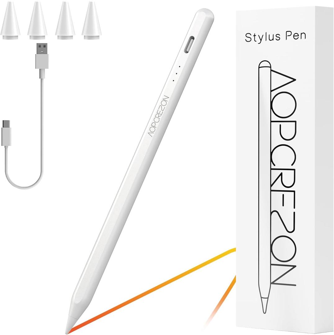 AOPCREZON Stylus Pen for iPad, Palm Rejection Tilt Sensitivity Fast Charging Pencil Work for 2018 Or Later iPad 10/ 9/ 8/ 7/ 6th Gen, Pro 12.9&11", Air 5th/ 4th/ 3rd Gen, 4 Replacement Nibs (White)