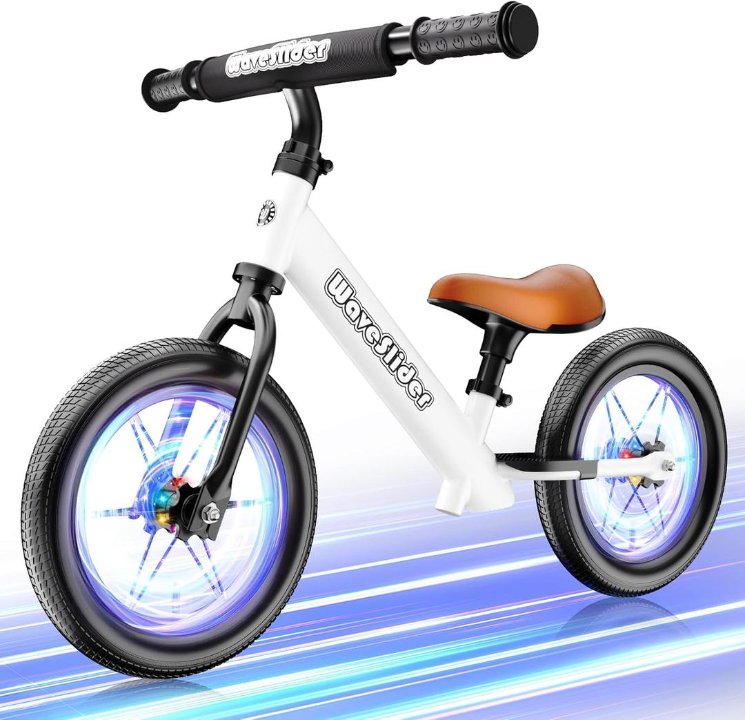 WaveSlider Colorful Lighting Balance Bike, Toddler Balance Bike 2 Year Old, No Pedal Push Bike with 12" Real Rubber Wheels, Pump, Safety Pad and Footrest, Kids Bike for Toddlers 2-5