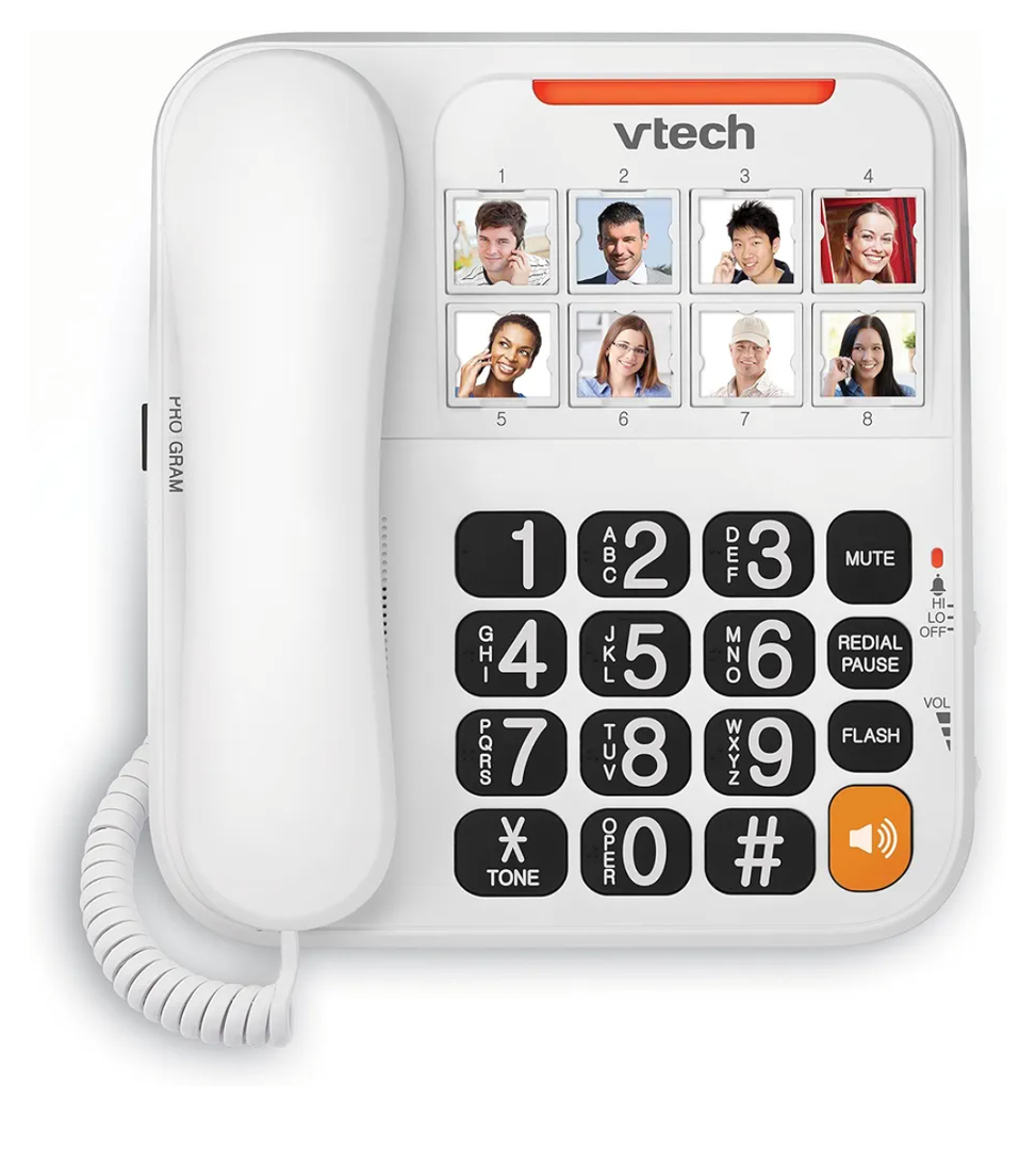 VTech Corded Senior Phone for Elderly with HighContrast Large Buttons, 8 Photo Speed Dial, Talking Digits, Visual Ringer, FullDuplex, No AC Power, Earpiece and Speakerphone Volume Control | SN1117
