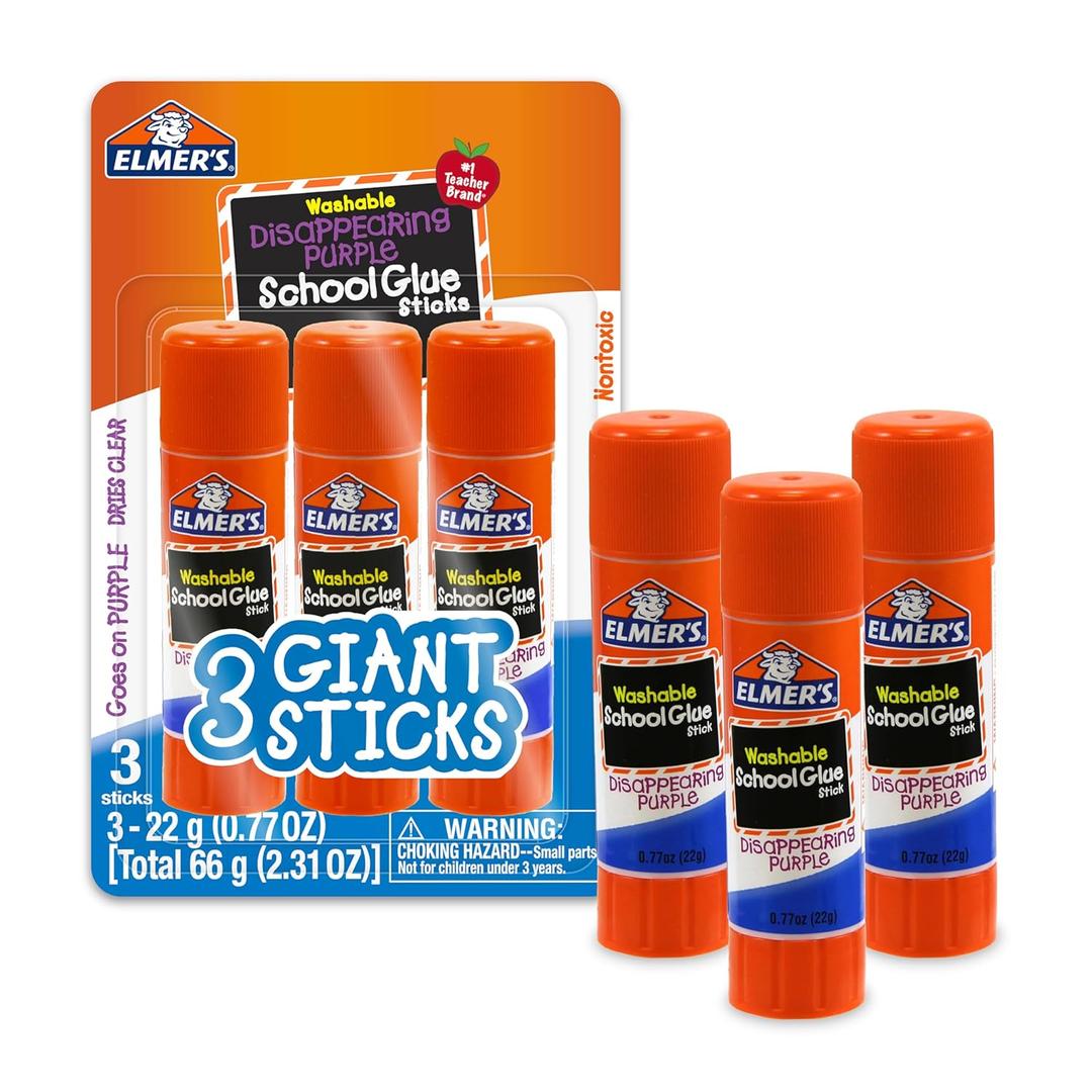 Elmer's Disappearing Purple School Glue Sticks, Washable, 22 Grams, Count  of 3 (Pack of 3) - Back to School, Teacher Supplies