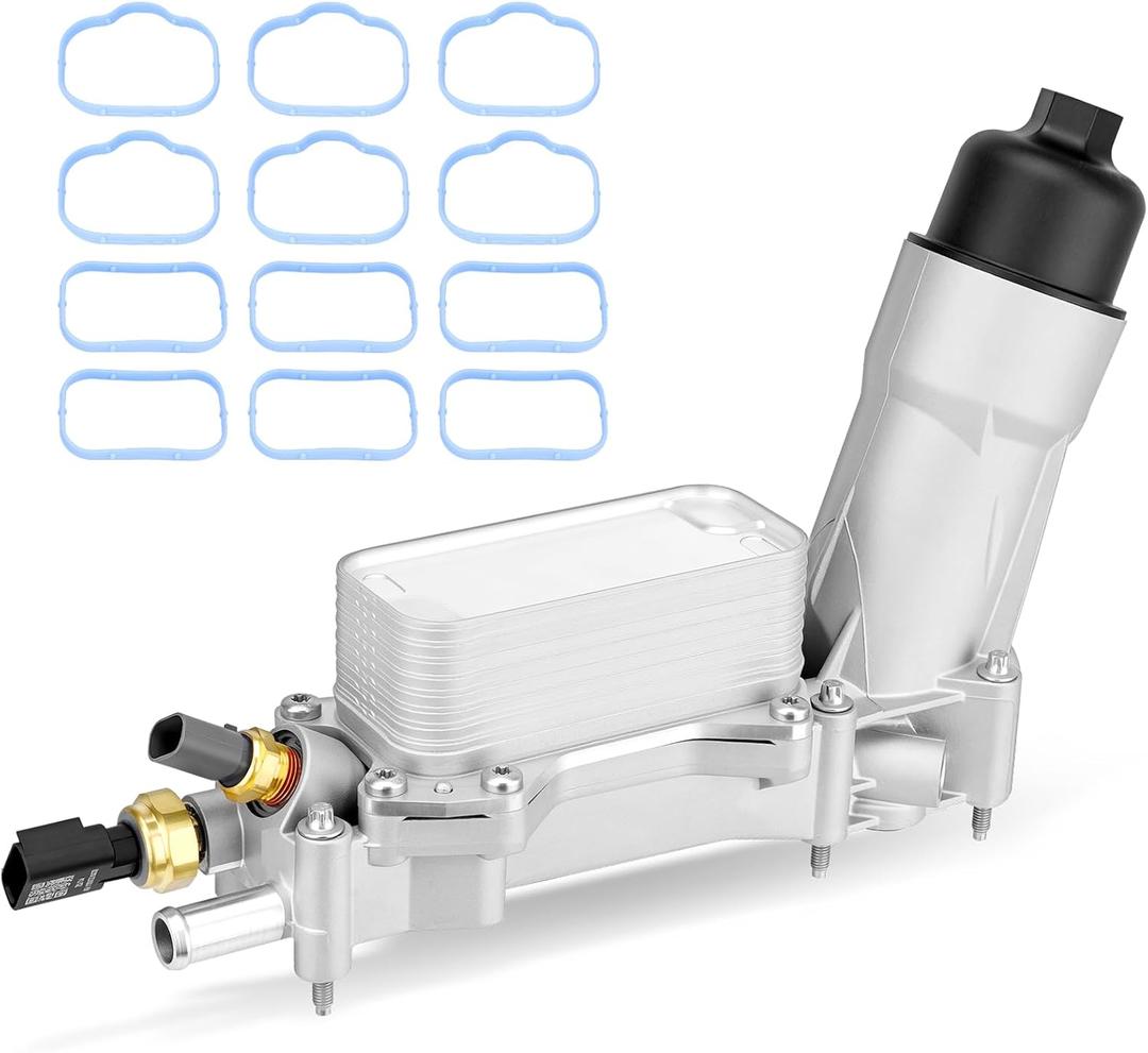Aluminum Engine Oil Cooler Filter Housing Assembly with Sensors & Gaskets Compatible with 2011-2016 Jeep Dodge Chrysler Ram 3.6L V6 Replace for 926-959 926-876 5184294AE 68105583AC (Plastic Cap)