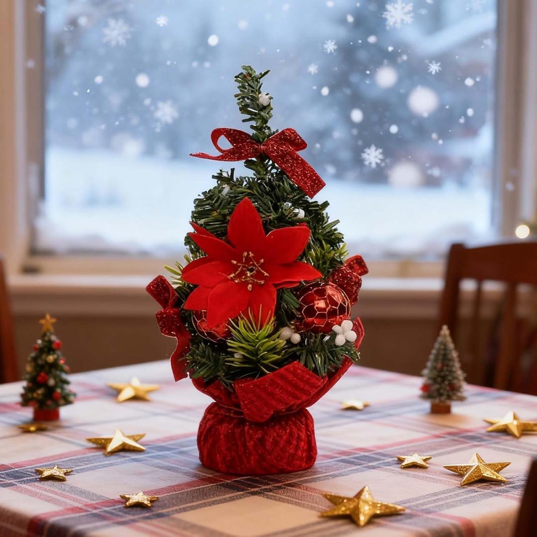 Mini Small Christmas Tree Small Tabletop with Glitter Bow Flower Xmas Ball Christmas Trees Artificial Christmas Decorations for Indoor Desk Room Office Home Decor Xmas
