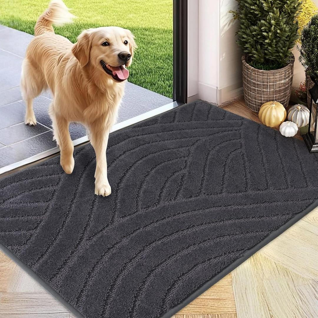 PLEASOR Front Door Mat, Absorbent Dirt Trapper Welcome Door mat Indoor, Non Slip Machine Washable Entryway Rug, Low Profile Doormat, Dog Door Mat for Muddy Paws and Shoes, 32x47, Grey