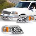 LED DRL Headlight Assembly, Fit 1997-2003 Ford F150/ 2004 Ford F150 Heritage/97-99 Ford F250 Light Duty/97-02 Ford Expedition Projector Pair of Left & Right Side Chrome Housing Amber Reflector