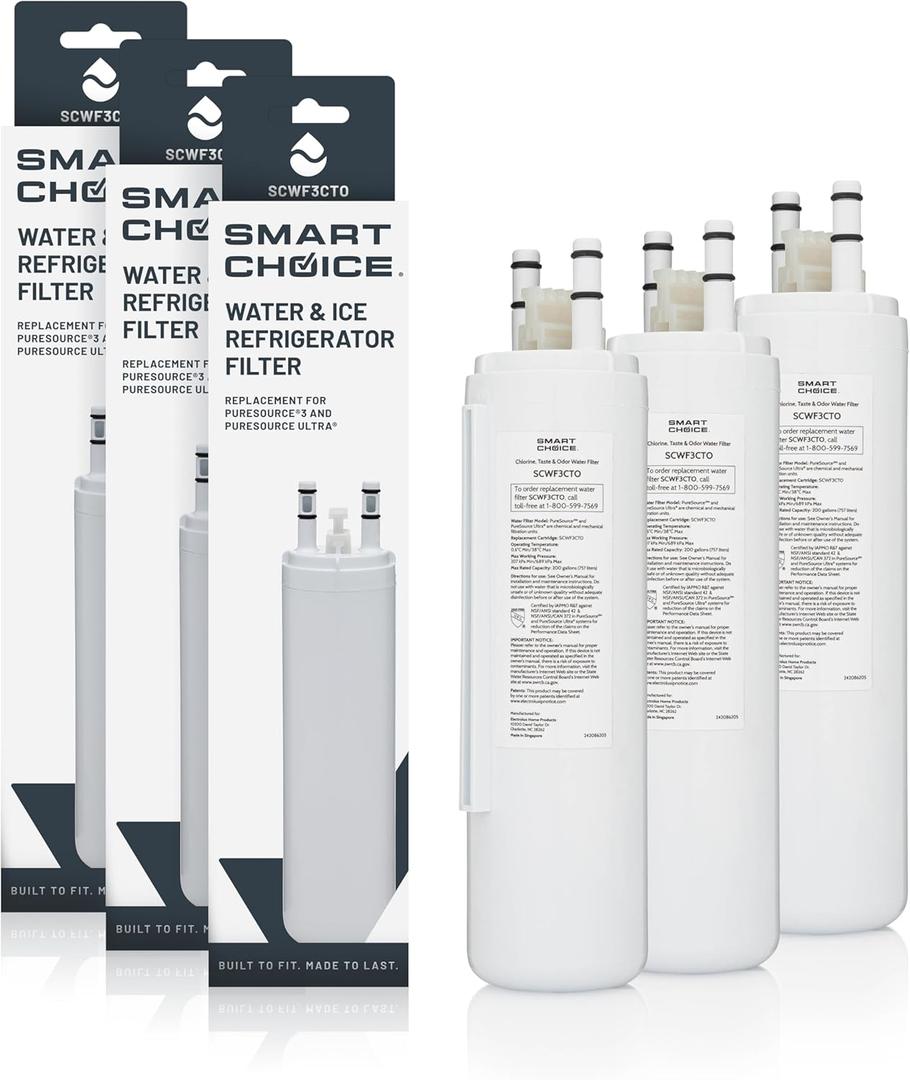 Smart Choice SCWF3CTO3PK Refrigerator Water & Ice Filter, Genuine Replacement for Frigidaire ULTRAWF PureSource Ultra and Frigidaire WF3CB PureSource 3, 3-Pack