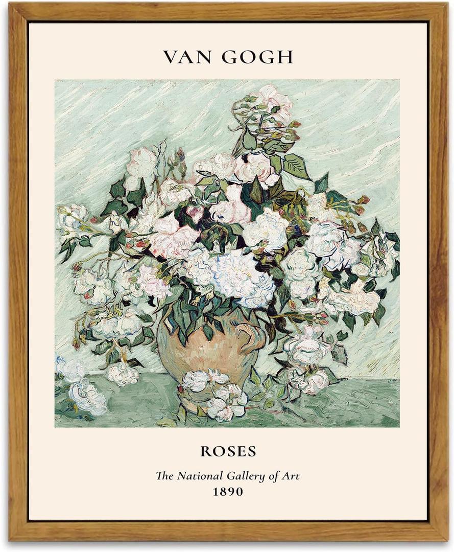 KBKBART Sage Green Framed Canvas Wall Art, Abstract Van Gogh Wall Art Exhibition Posters, Vintage Flower Art Prints Painting, Retro Boho Green Wall Decor for Aesthetic Bedroom Bathroom Decor Wall Art(8"x10")