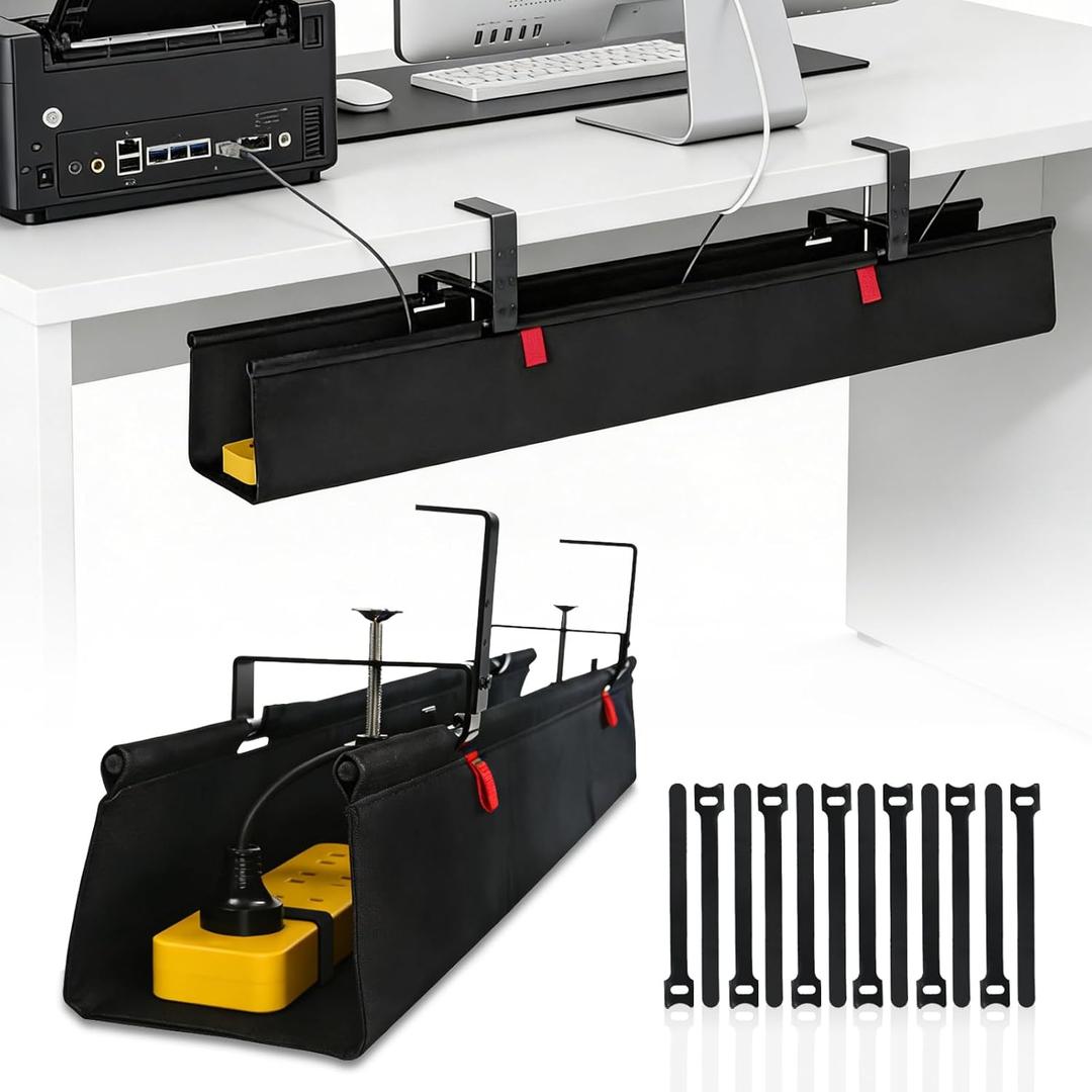Under Desk Cable Management Tray, 36" Cord Organizer for Table, Clamp/Screw Mount Desk Cable Management, Premium Fabric Cable Management Tray for Office, Home