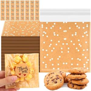 Fuyoooo 200 Pcs Self Adhesive Cookie Bags Cellophane Polka Dot Treat Bags Small Plastic with Thank You Stickers for Party Gift Giving Bakery Biscuit Candy Pastry (5.6 x 5.6 Inch)