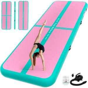 FINCOME Inflatable Gymnastics Air Mat Tumble Track Mats for Home with Pump | 13ft Tumbling Mat for Training Cheerleading Yoga Home Thick Air Mat Indoor Outdoor Waterproof Durable PVC, Green Pink, 13ft*3.3ft*4inches(4m*1m*0.1m)