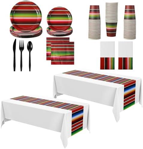 Oudain 162 Pcs Mexican Party Decorations 2 Mexican Serape Tablecloth Dia De Los Muertos Rectangular Mexio Party Plates Serape Napkins Fiesta Theme Dinnerware Set(White Background)