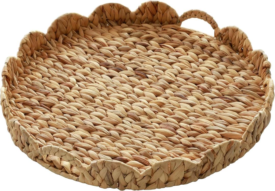 Extra Large Round Ottoman Table Tray 19.7" with Handles - Handmade Wicker Serving Hand Woven Tray for Farmhouse Decorative Oversized Coffee Table Trays Living Room Kitchen Counter Breakfast Scalloped