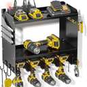 Power Tool Organizer Wall Mount with Charging Station, Tool Battery Holder with 4 Outlet Power Strip, 15 Min Assembly & Maximum 100lb Load, 4 Slots for Cordless Drill, Men's Gifts (Black)