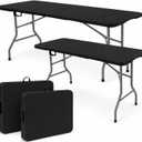 Set of 2 Folding Table 6 FT Lightweight Camping Table Black Portable Plastic Rectangular Outdoor Dining Table Steel Legs Fold-in-Half with Carrying Handle for Indoor,Picnic,Party,Wedding,Events