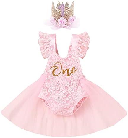 Baby Girl 1st Birthday Outfit Lace Tulle Romper Princess Tutu Dress Headband Shiny ONE Cake Smash Photo Shoot Clothes 90