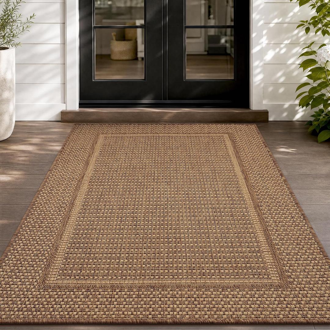 MontVoo-3x5 Outdoor Rug Porch Entryway Rug-Polypropylene Indoor Outdoor Rugs for Entryway Kitchen Balcony Patio, Textured Weave, Durable, Fade-Resistant, Non-Shedding, Modern Neutral Brown