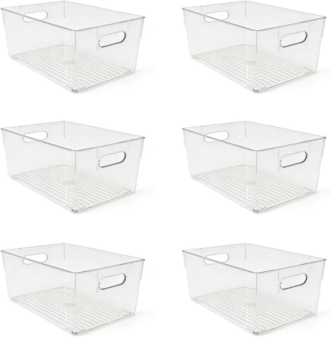 6 Pack Thick Clear Stackable Storage Bins, Cabinet Organizer, Plastiic Containers with Handle for Kitchens, Bathrooms and Fridge and Desktop